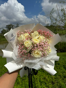 WHITE ROSES WITH PINK BABY'S BREATH