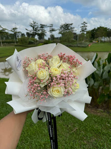 WHITE ROSES WITH PINK BABY'S BREATH