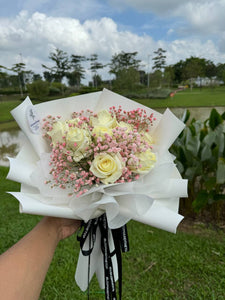 WHITE ROSES WITH PINK BABY'S BREATH